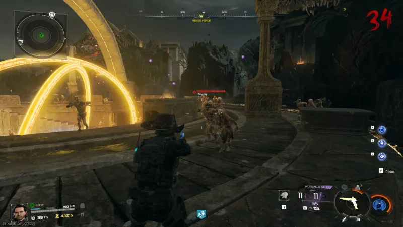 Player aims dual pistols at a horde near a glowing gold arch at Nexus Forge on round 34.