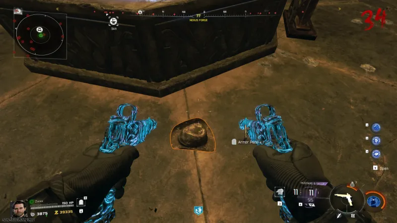 The Warden's Hat highlighted on the ground next to the Nexus Forge, ready to be picked up on Rex Infernus