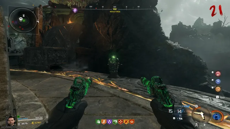 The green pedestal holding the Void Claw grapple beneath the Nexus Forge on Rex Infernus