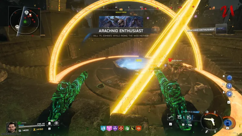 The Arachnid Enthusiast Dark Ops challenge popup reading Kill 75 zombies while riding the Web Mother on Rex Infernus