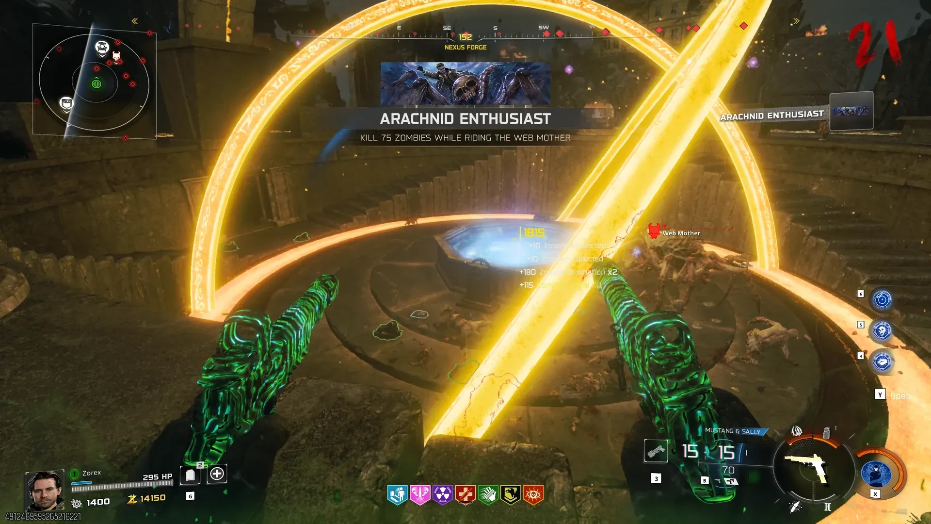 The Arachnid Enthusiast Dark Ops challenge popup reading Kill 75 zombies while riding the Web Mother on Rex Infernus