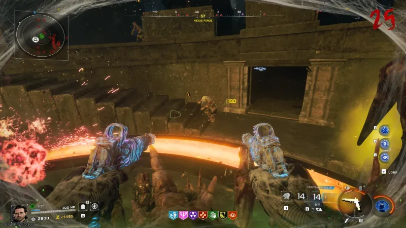 First-person view riding a Web Mother with dual Mustang and Sally aimed at the Pack-a-Punch well on Rex Infernus