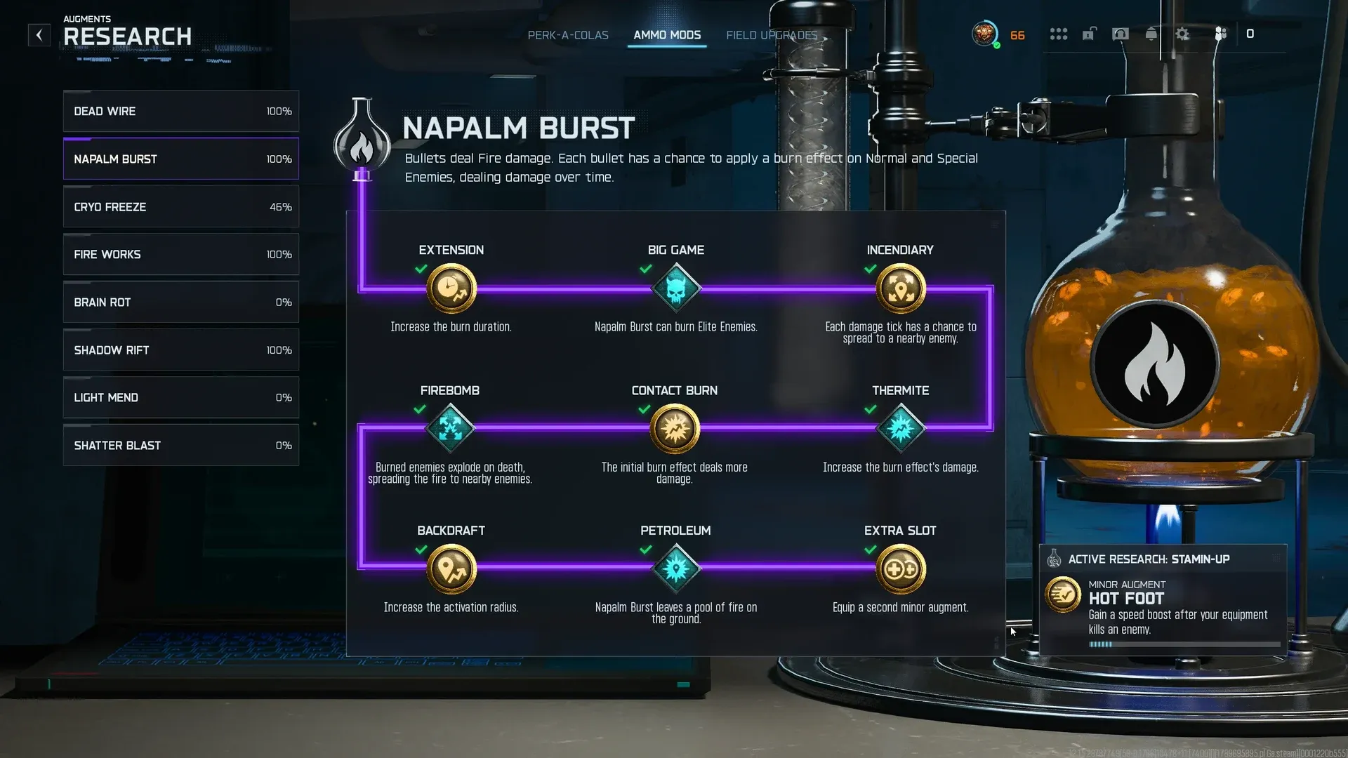Napalm Burst research screen showing the augment unlock grid