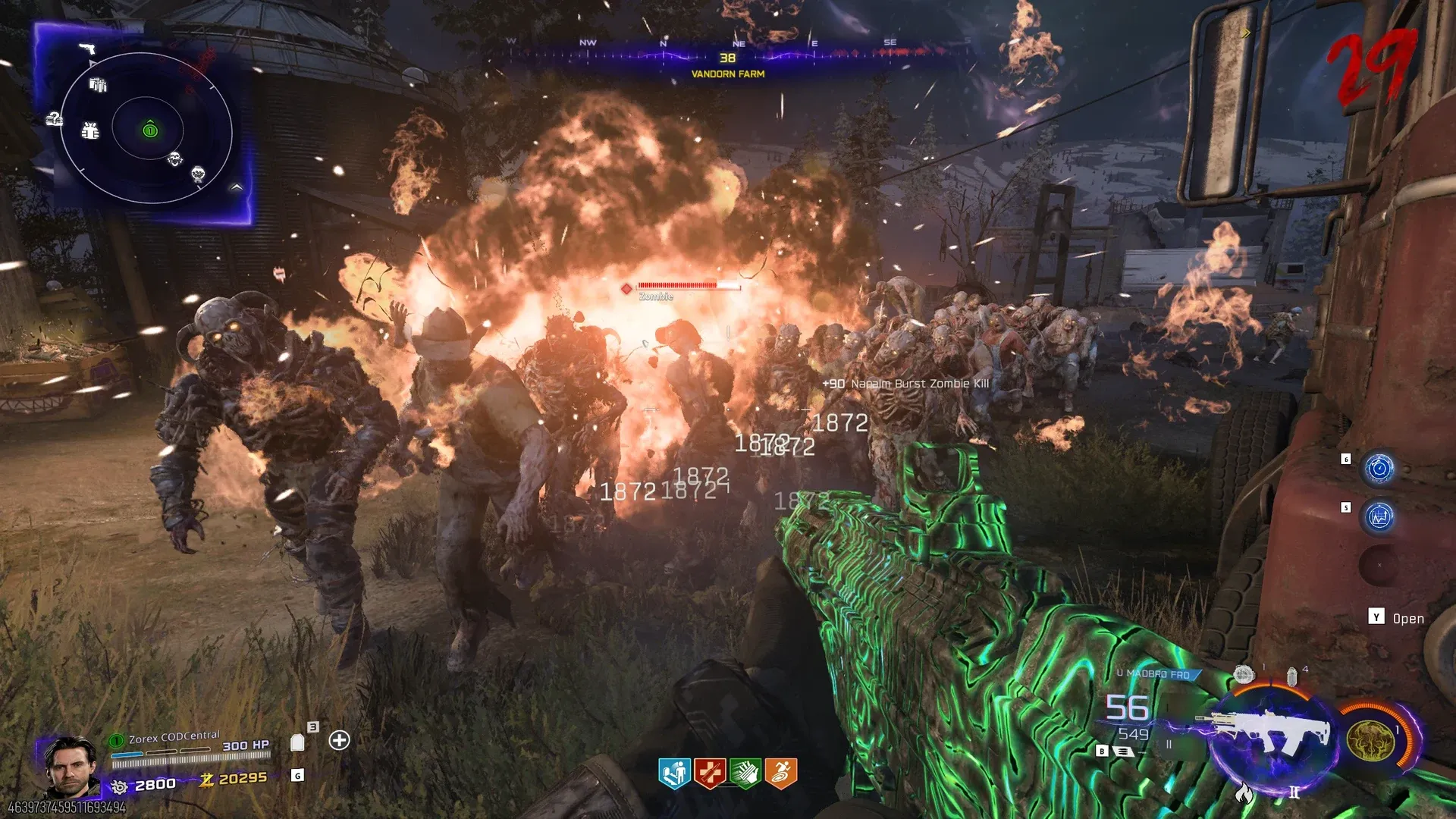 Firebomb chain explosion in progress during a BO7 Zombies run