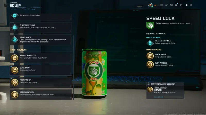 The four Speed Cola Minor augments in Black Ops 7 Zombies: Speedy Roulette, Quick Swap, Fast Pitcher and Prestidigitation, with their in-game descriptions