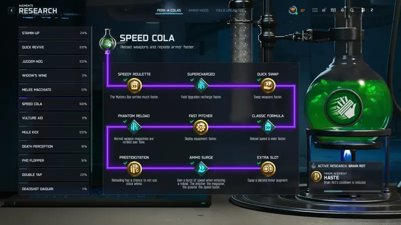 The Speed Cola research grid in Black Ops 7 Zombies, all nine augments unlocked across three rows, with the perk listed at 100 percent