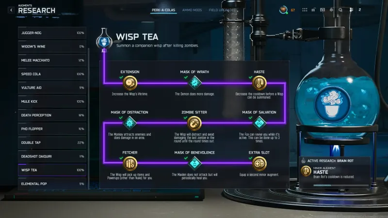 The full Wisp Tea research path showing all nine augments across three rows in Black Ops 7 Zombies
