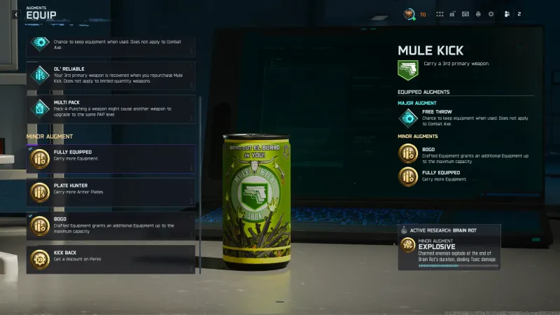 The recommended Mule Kick augment setup in Black Ops 7 Zombies: Free Throw as the Major with BOGO and Fully Equipped as Minors