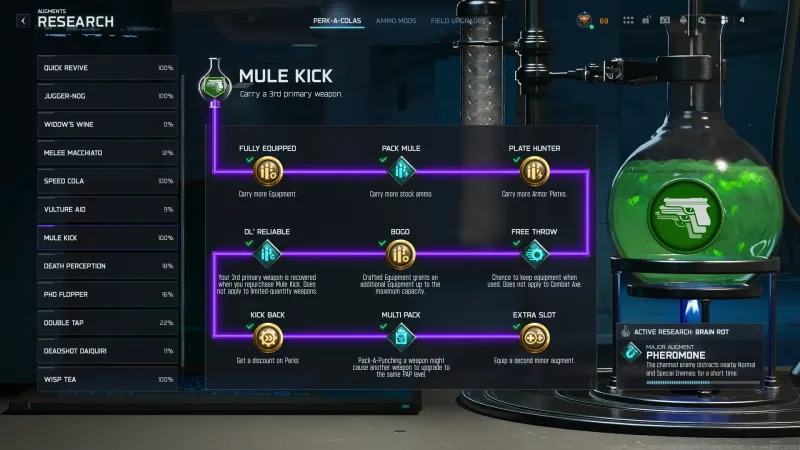 The Mule Kick research grid in Black Ops 7 Zombies showing all nine augments across three rows