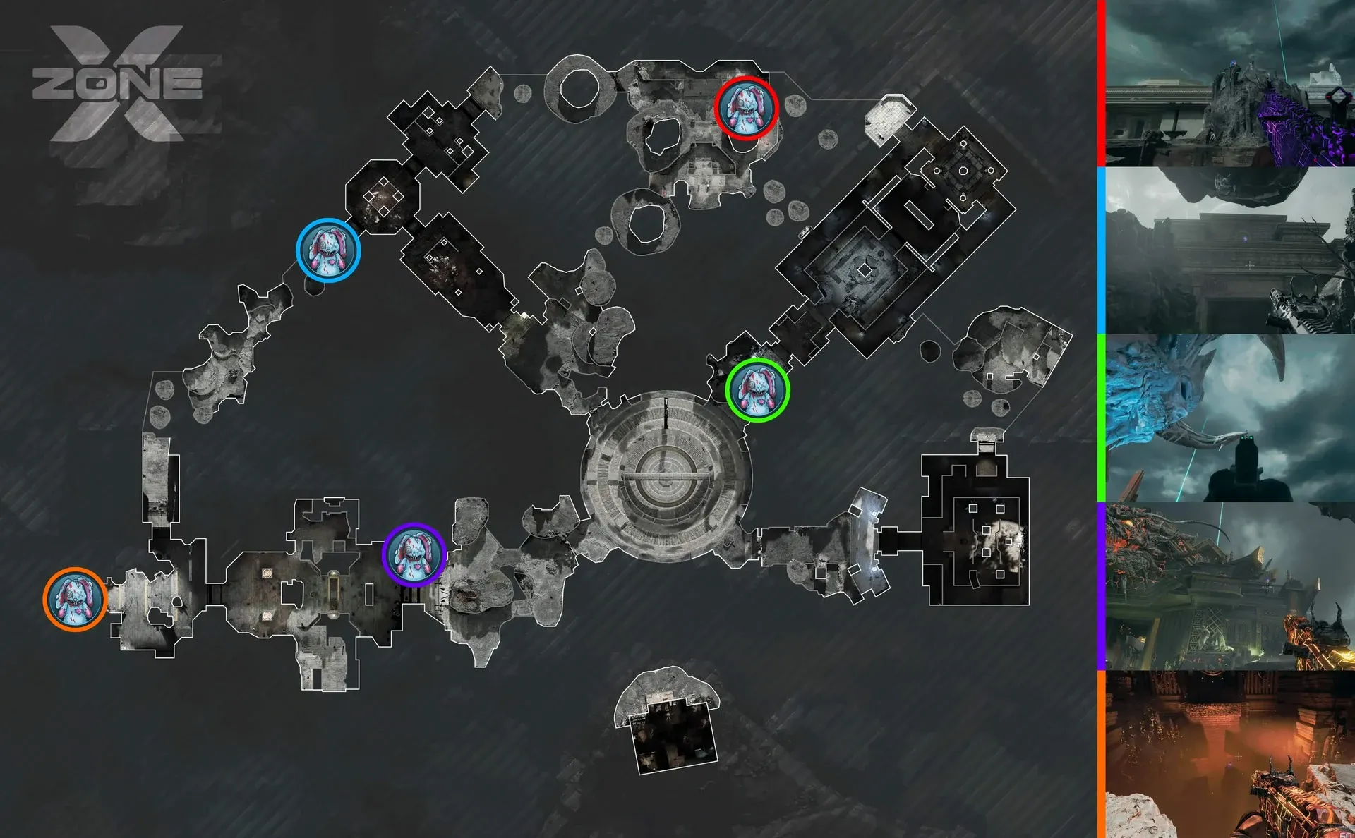 ZoneX map of Rex Infernus in BO7 with all six Mr Peeks Cursed Mode spawn locations marked