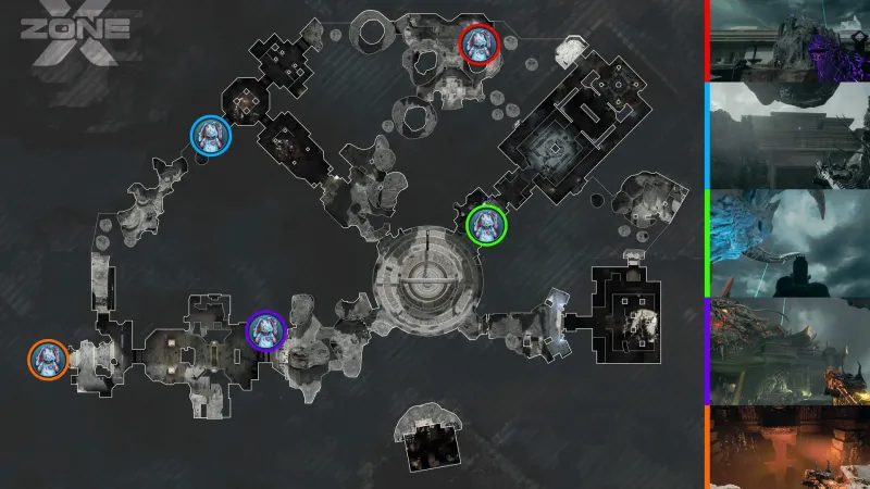 ZoneX map of Rex Infernus in BO7 with all six Mr Peeks Cursed Mode spawn locations marked