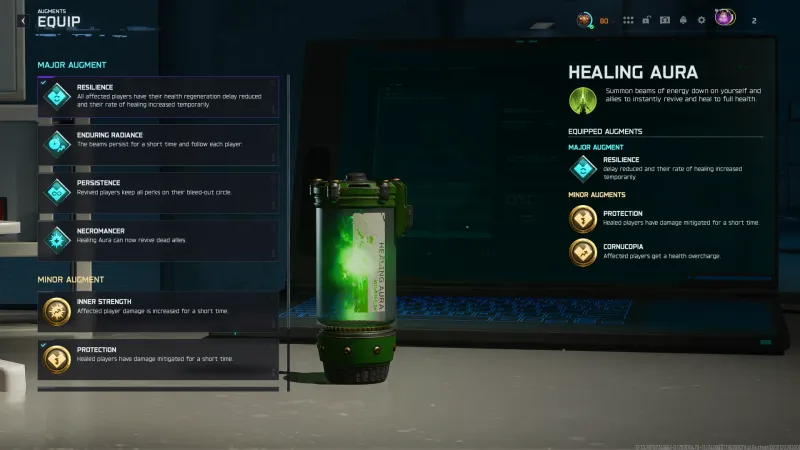 Healing Aura equip screen in Black Ops 7 Zombies with Resilience selected as the Major augment and the other Majors listed below it