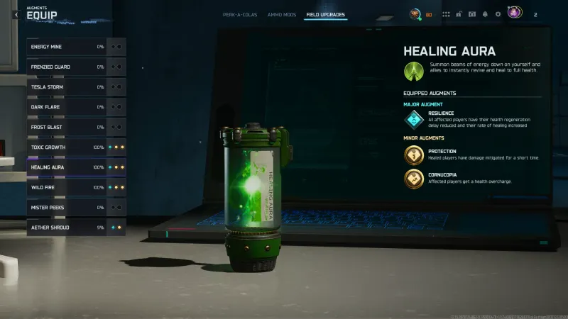 The recommended Healing Aura augment setup in Black Ops 7 Zombies: Resilience as the Major with Cornucopia and Protection as Minors