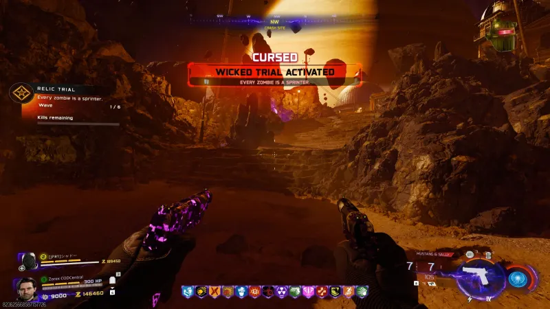 CURSED Wicked Trial Activated banner for the Civil Protector Head relic in BO7, Every zombie is a sprinter, wave 1 of 6