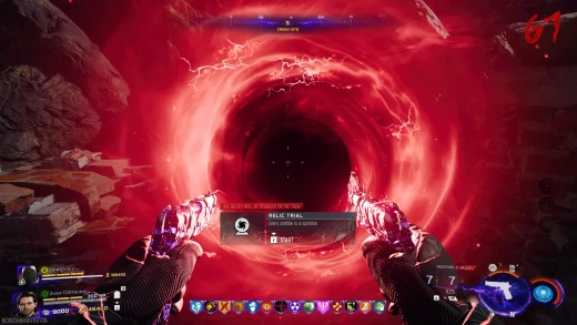 Close-up of the red Civil Protector Head relic trial portal with the Every zombie is a sprinter prompt in BO7