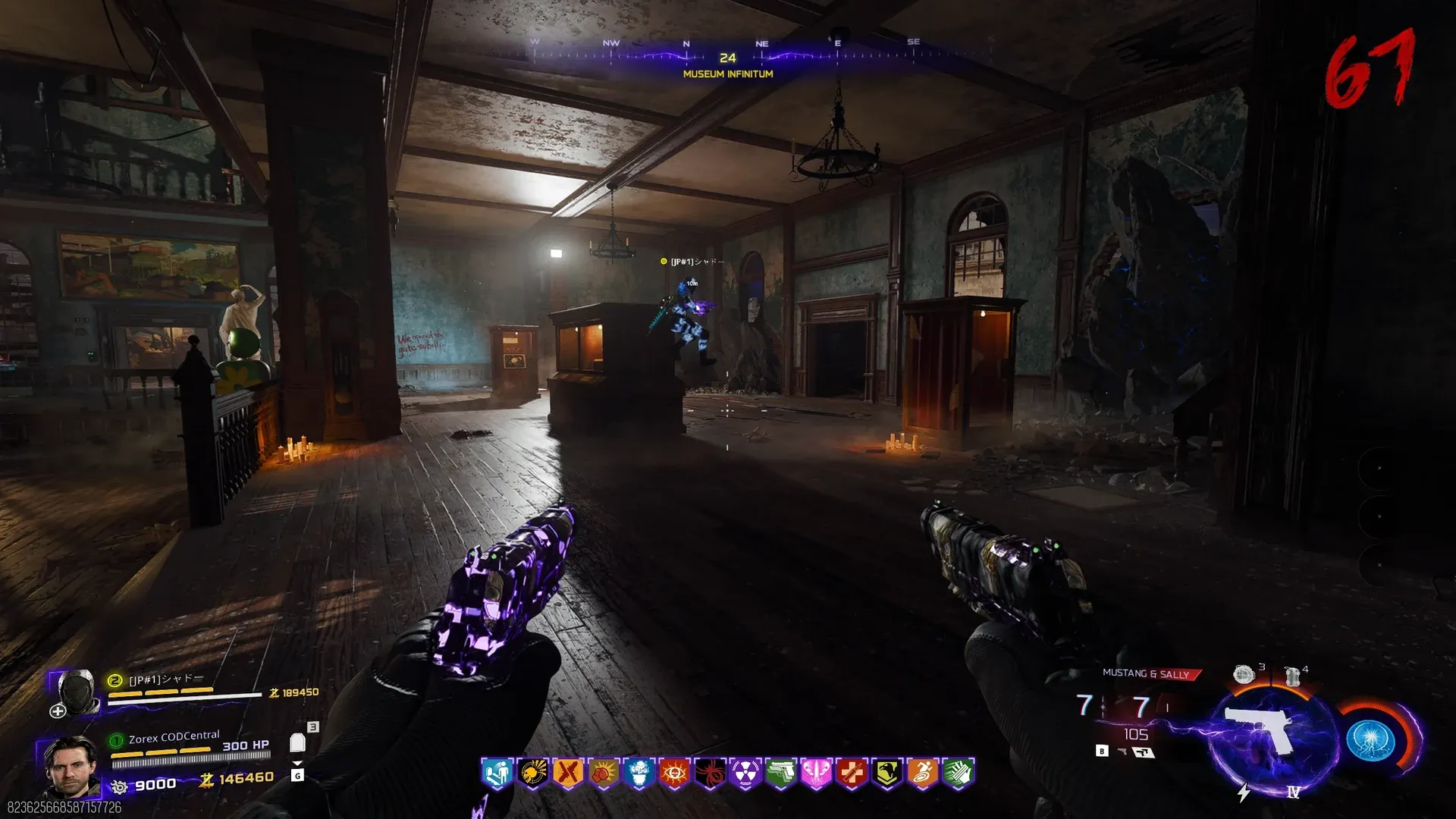 Teammate moving to a corner chandelier in the Museum Infinitum on Astra Malorum for the Civil Protector Head puzzle