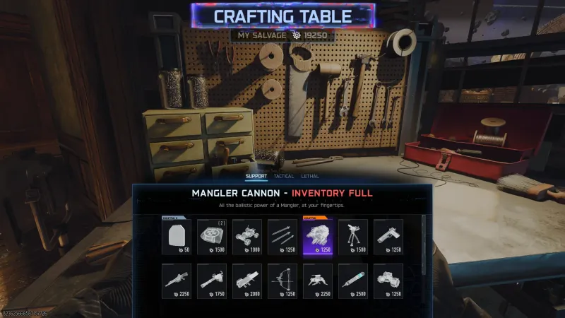 Crafting Table menu on Astra Malorum showing the Mangler Cannon support for 1250 Salvage