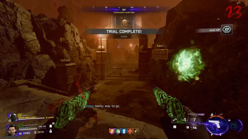 Trial Complete banner for the Gong relic with 1000 XP in Stargazer's Courtyard on Astra Malorum in BO7 Zombies