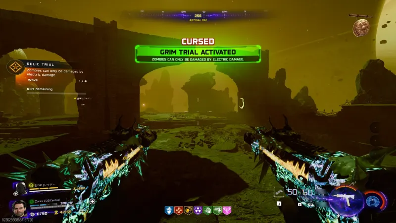 Grim trial activated banner reading zombies can only be damaged by electric damage, wave 1 of 4 on the Abyssal Rim