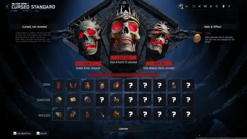 BO7 Cursed relic selection screen with the Gong selected in the Grim row