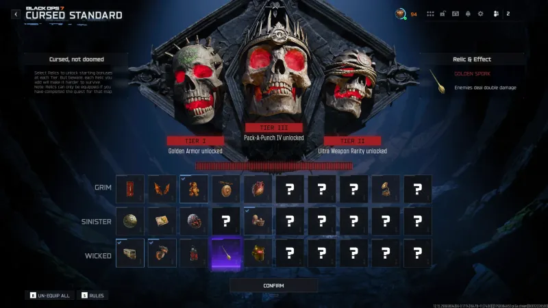 BO7 Cursed relic selection screen with the Golden Spork selected in the Wicked row