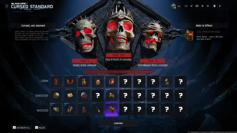 BO7 Cursed Standard relic menu with the Civil Protector Head selected in the Wicked row and its perk decay effect