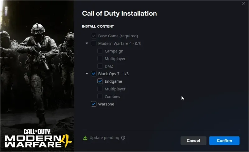 Battle.net Call of Duty Installation window with Base Game required and tick boxes for MW4, Black Ops 7 and Warzone modes