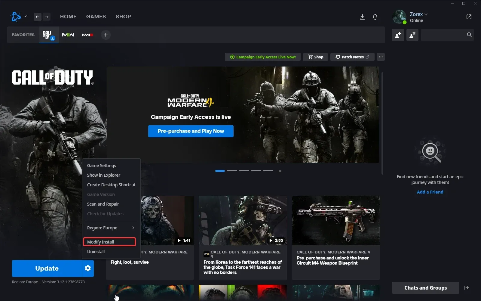 Battle.net Call of Duty gear menu with Modify Install highlighted