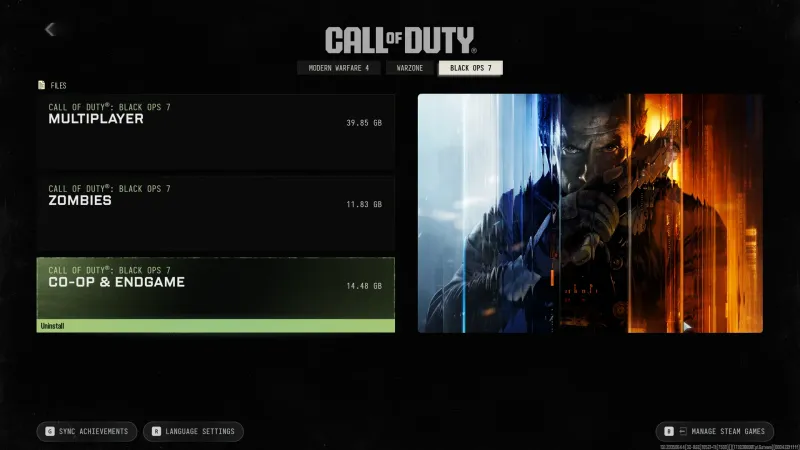 Black Ops 7 tab in the Call of Duty file menu showing Multiplayer, Zombies and Co-op and Endgame sizes