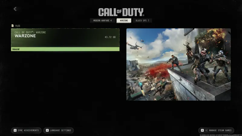 Warzone tab in the Call of Duty file menu showing a 43.72 GB install with the Uninstall option