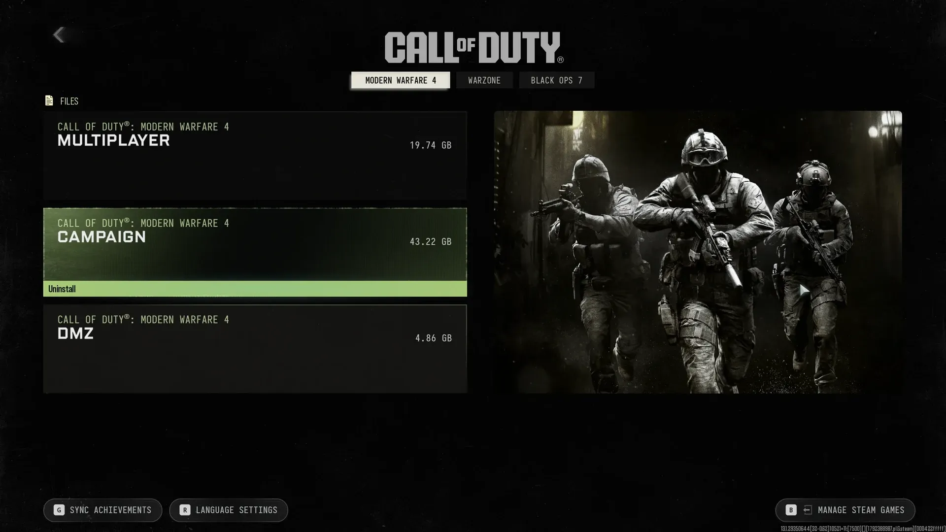 MW4 file management screen showing Multiplayer 19.74 GB, Campaign 43.22 GB and DMZ 4.86 GB with the Uninstall option on Campaign