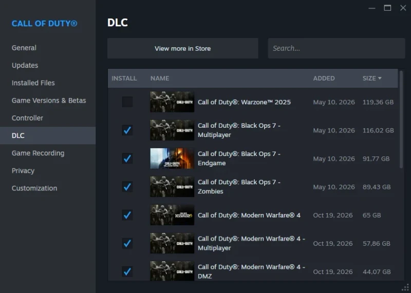 Steam Call of Duty Properties DLC tab with Warzone 2025 unchecked at 119.36 GB and MW4 and Black Ops 7 modes listed