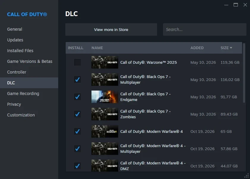 Steam Call of Duty Properties DLC tab with Warzone 2025 unchecked at 119.36 GB and MW4 and Black Ops 7 modes listed