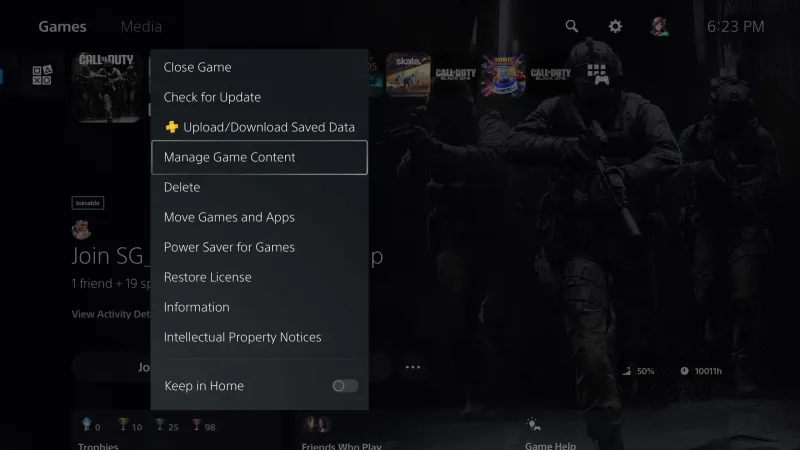 PS5 Call of Duty tile options menu with Manage Game Content highlighted