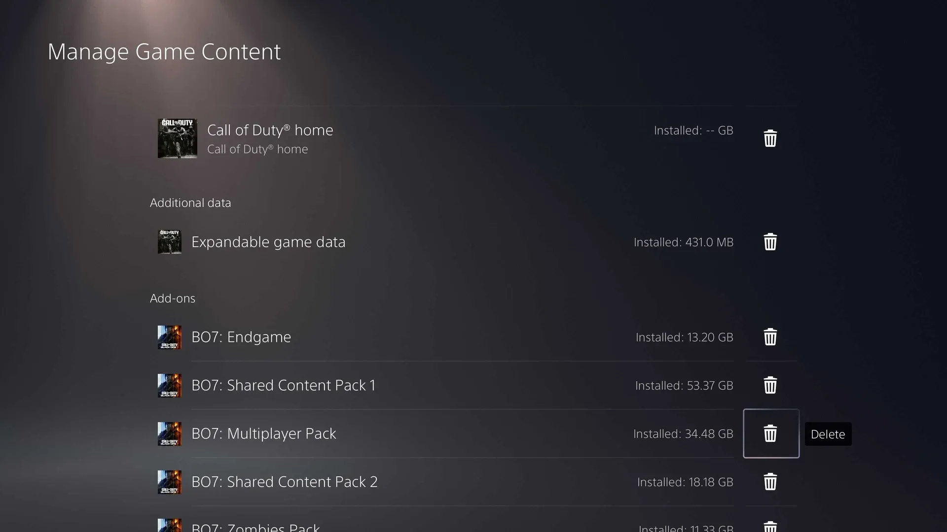 PS5 Manage Game Content screen listing Black Ops 7 add-on packs with a Delete button