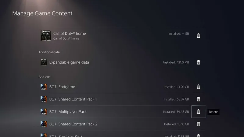 PS5 Manage Game Content screen listing Black Ops 7 add-on packs with a Delete button
