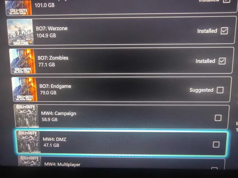 Xbox Call of Duty game items list with Black Ops 7 Warzone, Zombies, Endgame and MW4 Campaign and DMZ tick boxes