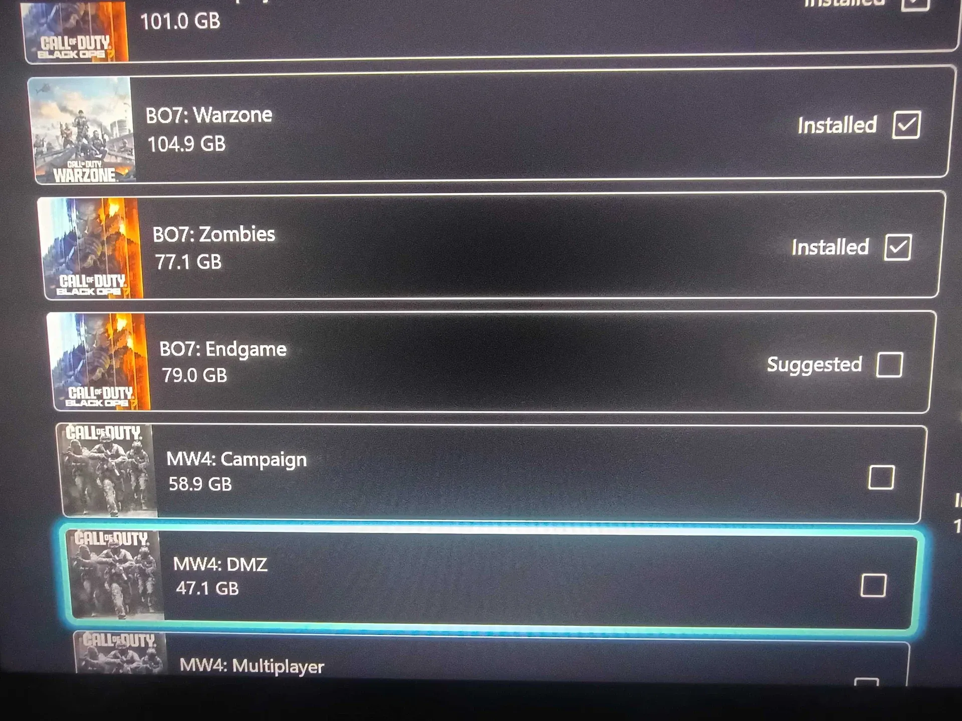 Xbox Call of Duty game items list with Black Ops 7 Warzone, Zombies, Endgame and MW4 Campaign and DMZ tick boxes